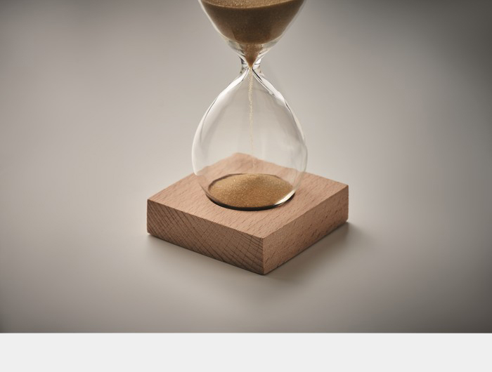 Sablier Publicitaire en verre 5 minutes socle bois - WDTM05