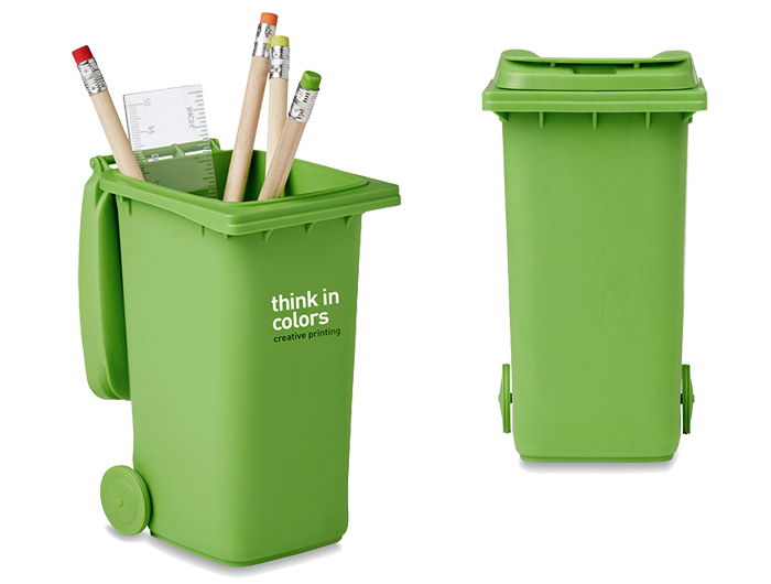 Pot à stylos Publicitaire container poubelle verte - PTPV10